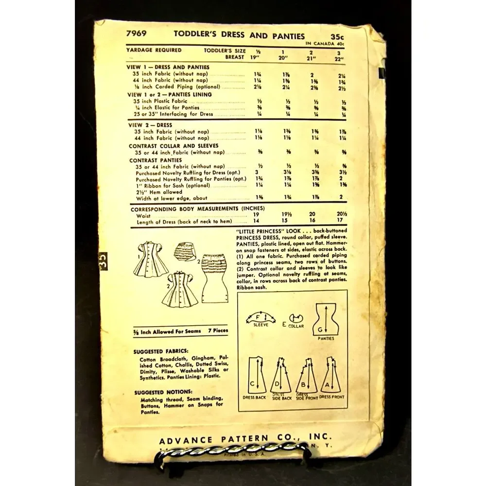 1975.  Vintage Advance Pattern Co. NY. 7969 Toddler Dress Bloomers Panties Sz 1